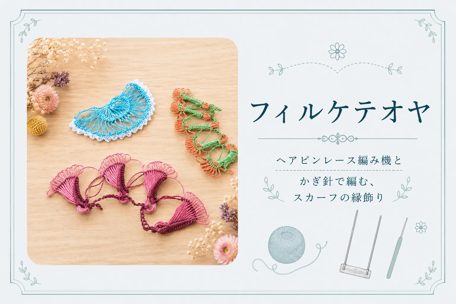 フィルケテオヤのサンプル。ヘアピンレース編み機で作った幅広のレース。