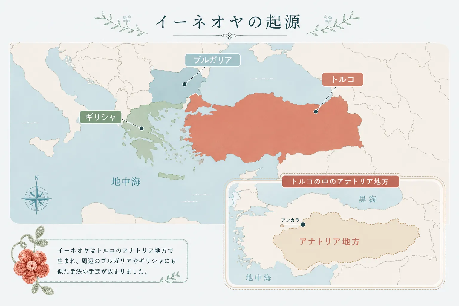 イーネオヤの起源：トルコのアナトリア地方を中心とした地中海周辺の地図。ブルガリア・ギリシャにも近い手法が見られる。